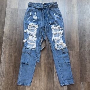 Fashion Nova Blue Distressed Boyfriend Cargo Jeans with Self-Tie Belt